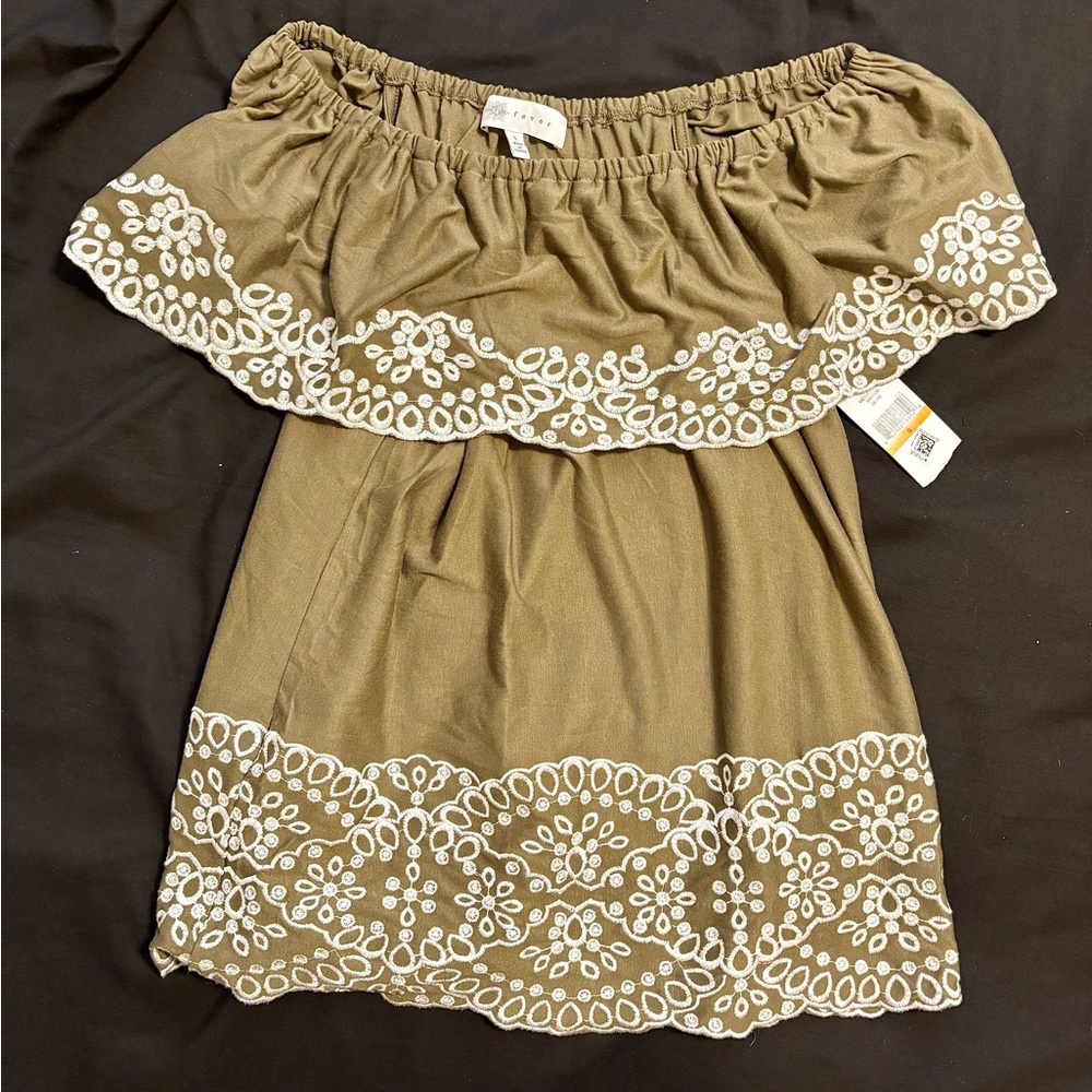 Fever Olive Off-Shoulder Top with White Embroidery